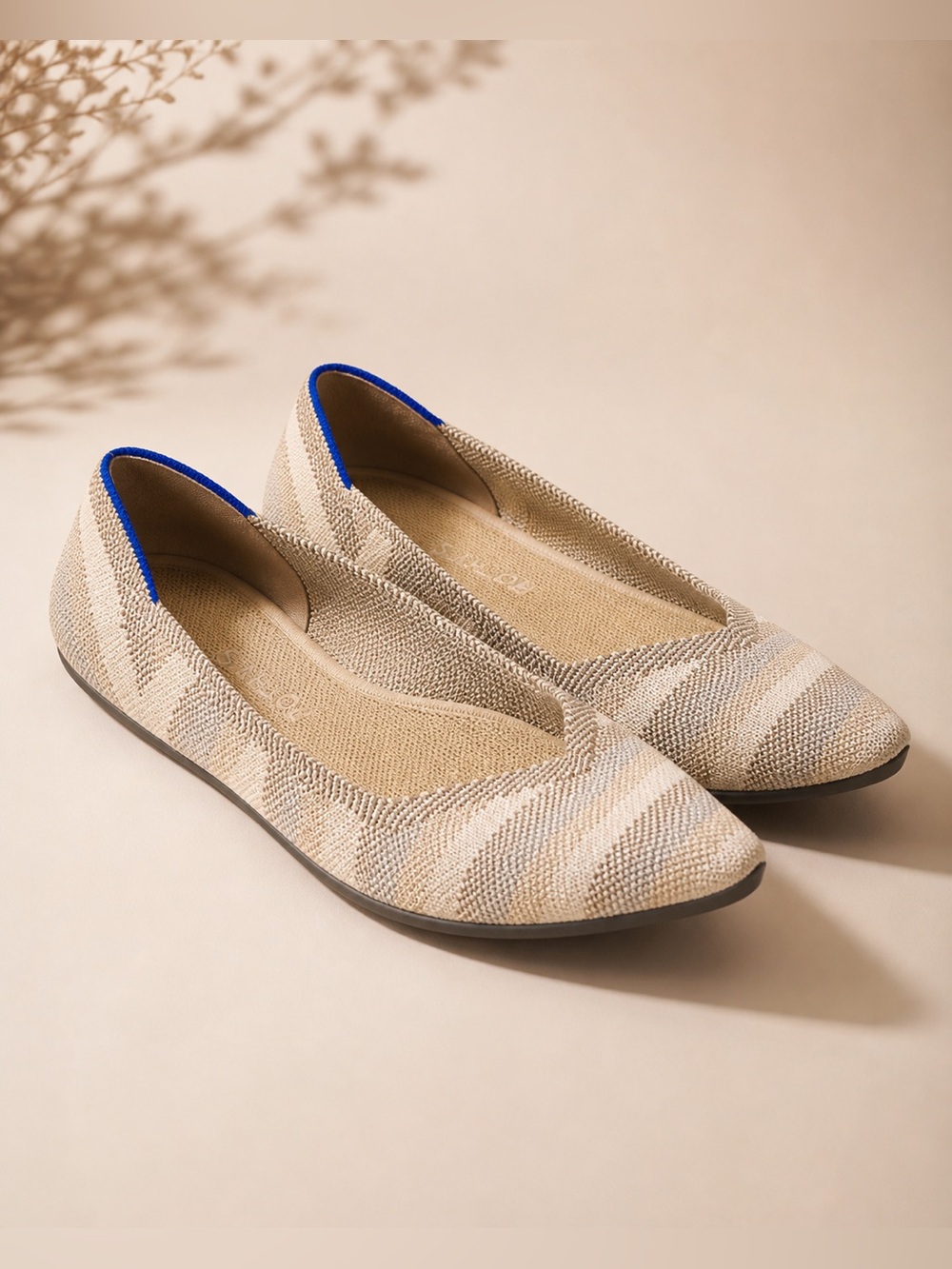 Rothy’s Pointed Toe Flats Beige Stripe Knit Ballet Shoes Women’s 9